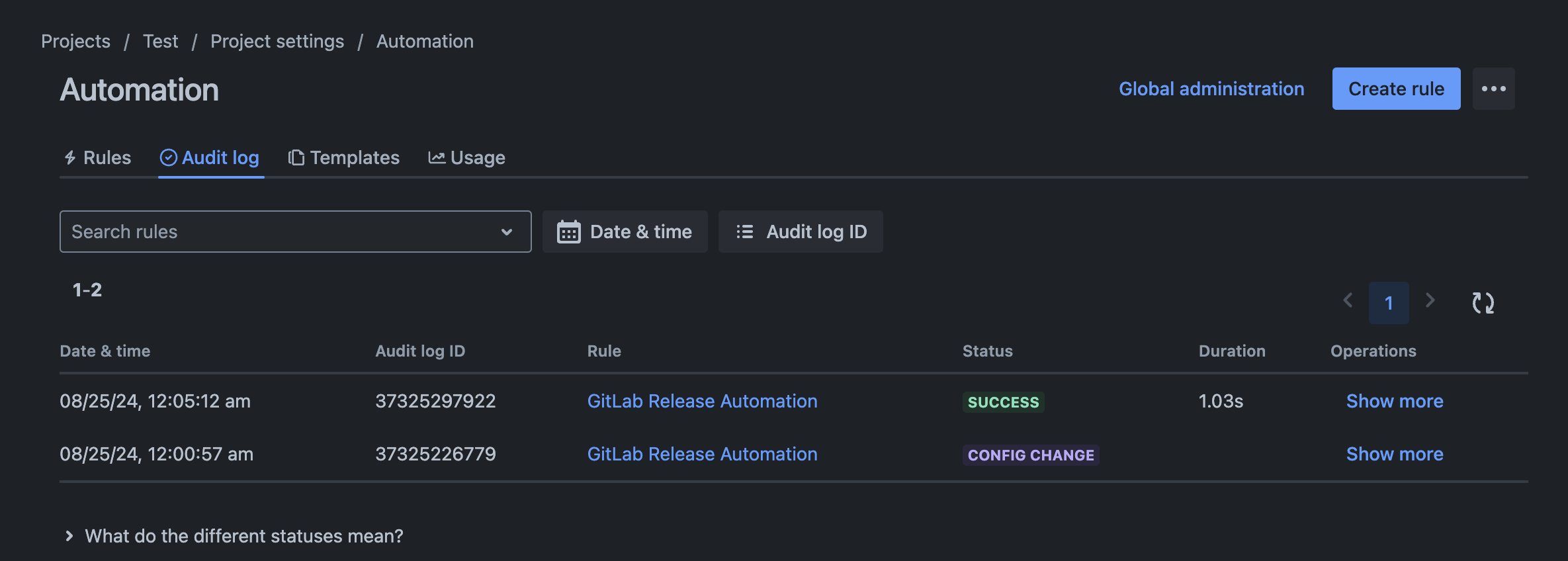 Automation audit log